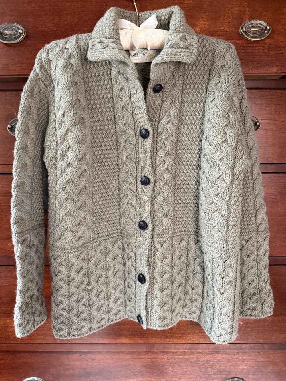 Vintage Donegal Knitters Wool Cardigan Sweater Medium Green Ireland Chunky Cable